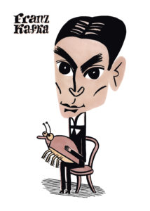 Stylizowana ilustracja Franza Kafki siedzącego na krześle o trzymającego żuka. Tekst w lewym górnym rogu: Franz Kafka