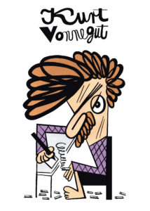 Stylizowana ilustracja Kurta Vonneguta siedzącego przy biurku i piszącego. W lewej dłoni trzyma zapalonego papierosa, papierosy leżą rozrzucone dookoła niego na podłodze. Tekst na górze grafiki: Kurt Vonnegut