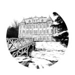 Grafika ilustracyjna. Na grafice w kole wizualizacja historycznej fasady zamku z XVII/XIX w.